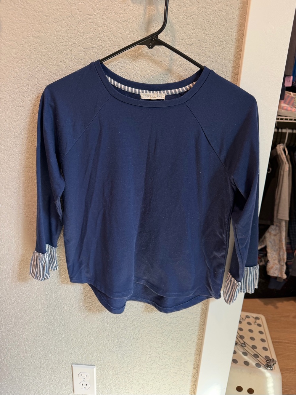 Copper Key Navy Blue Long-Sleeve Top with Striped Cuff Trim